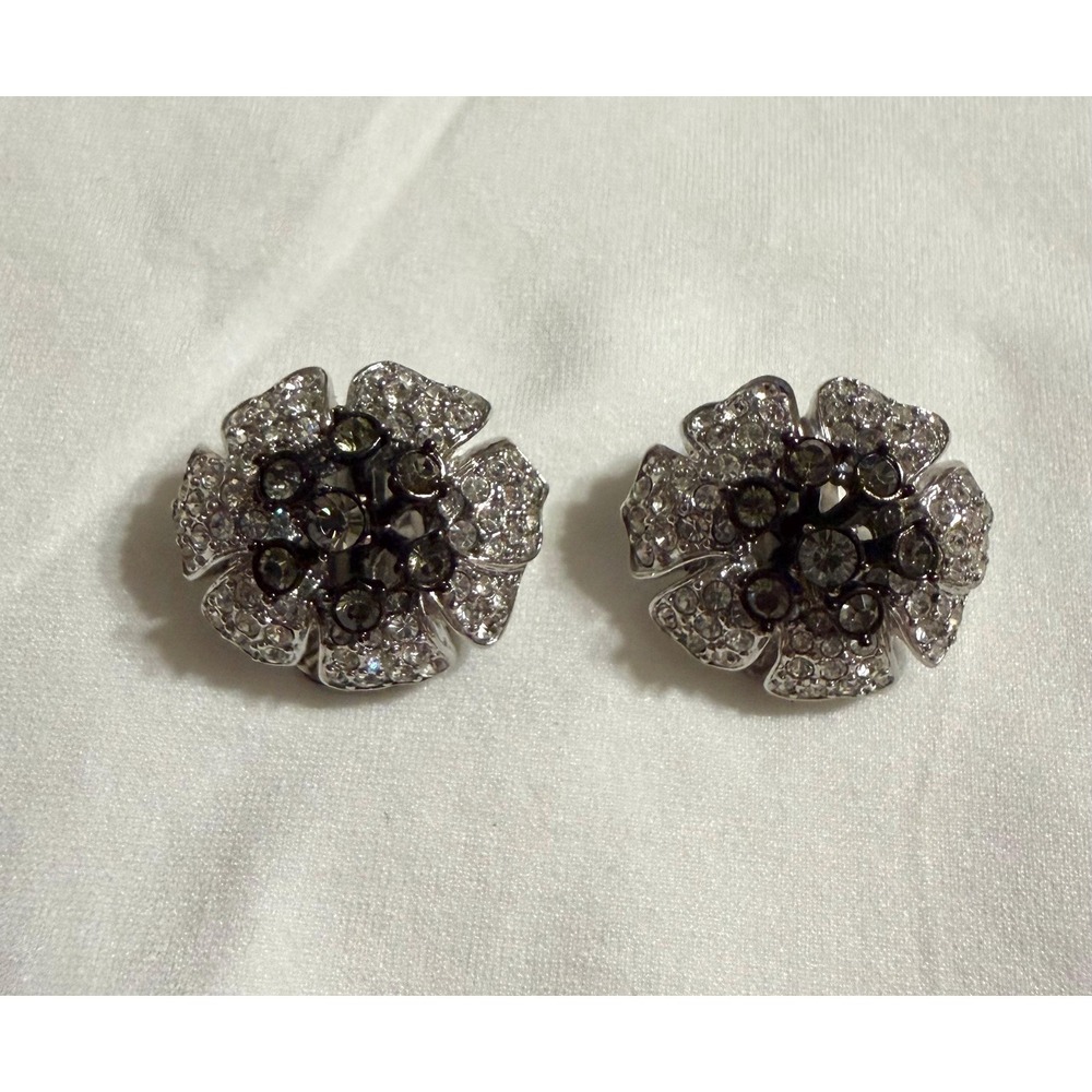 Vintage NOLAN MILLER Pave Orchid Rhinestone Flower Clip-on Earrings